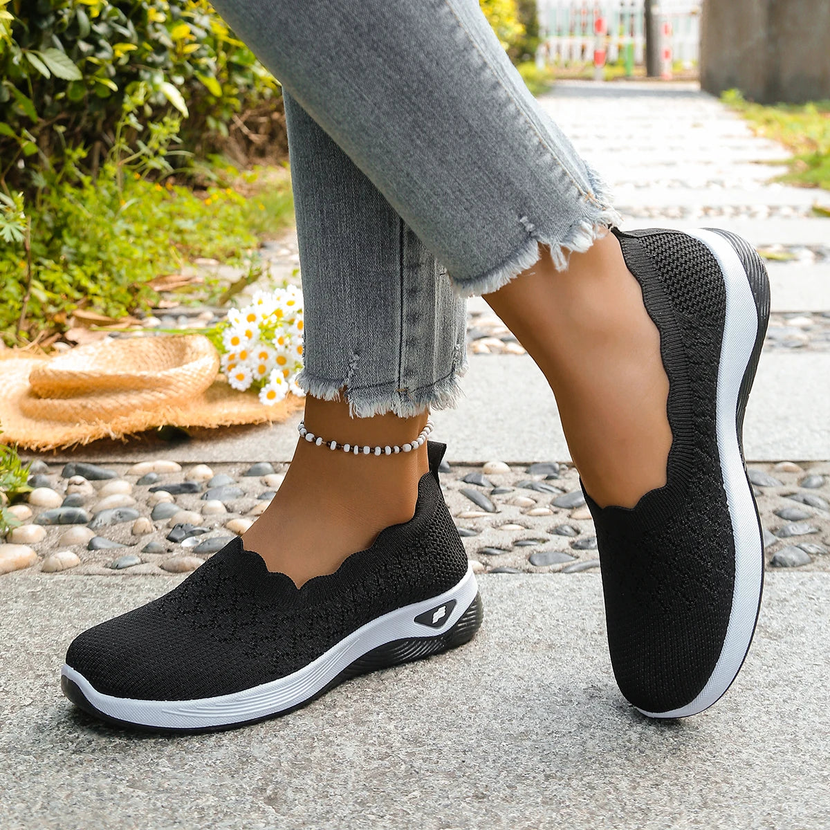 Chaussures orthopédiques pour femmes, chaussures de marche en tricot, respirantes, à enfiler, mocassins souples, baskets compensées antidérapantes, chaussures décontractées confortables