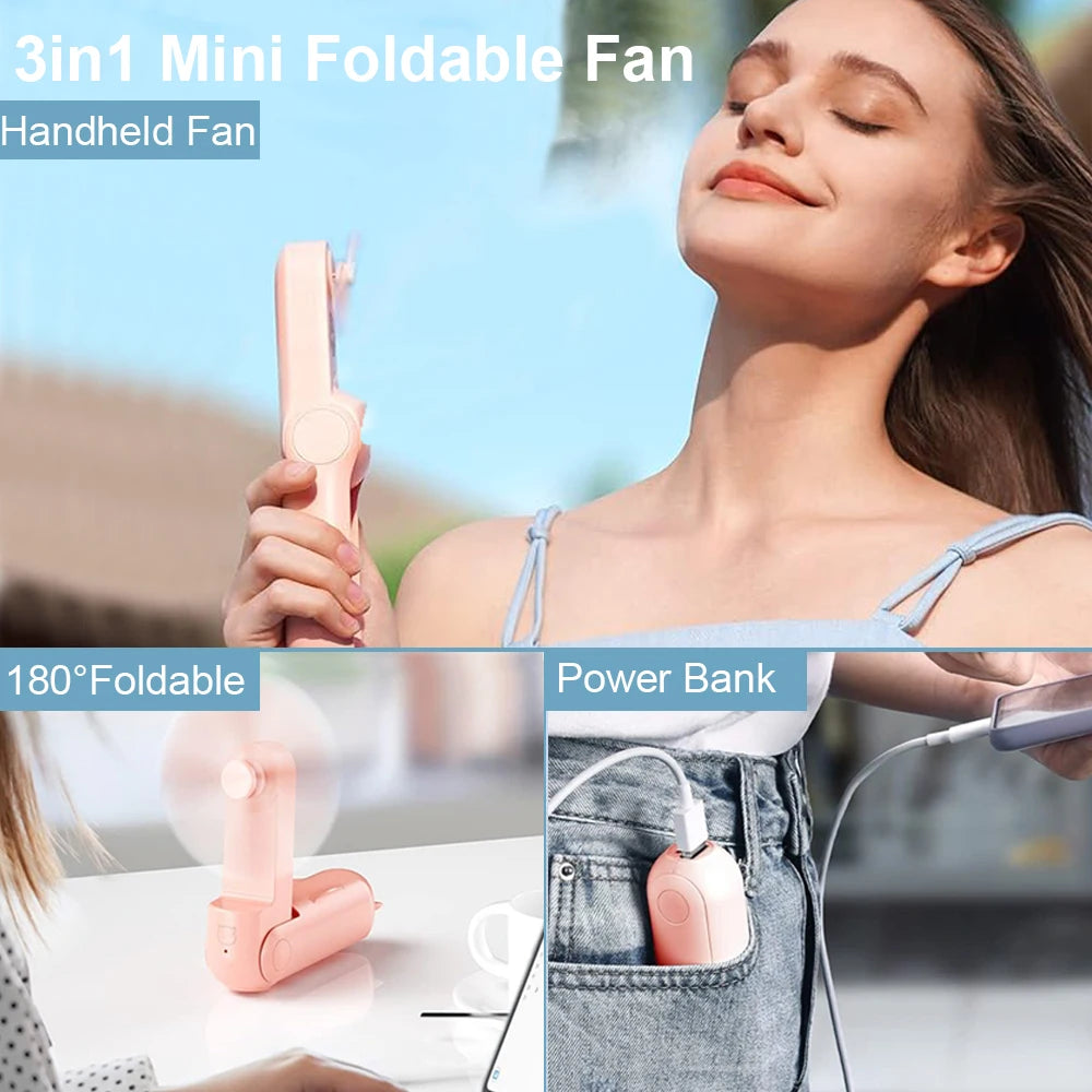 Ventilateur portable 2000 mAh USB rechargeable 3 vitesses mini ventilateur pliable tenu dans la main petit ventilateur de voyage de poche avec batterie externe pratique