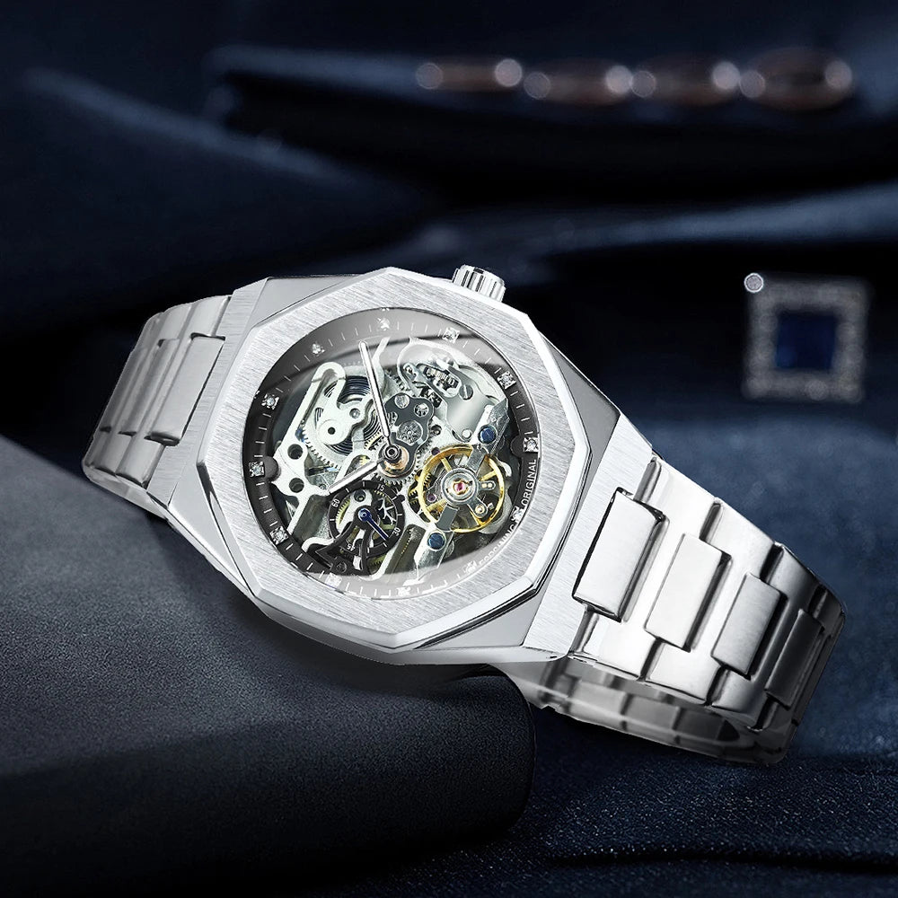Forsining montre mécanique automatique décontractée pour hommes aiguilles lumineuses bracelet en acier inoxydable mode luxe squelette montres pour hommes