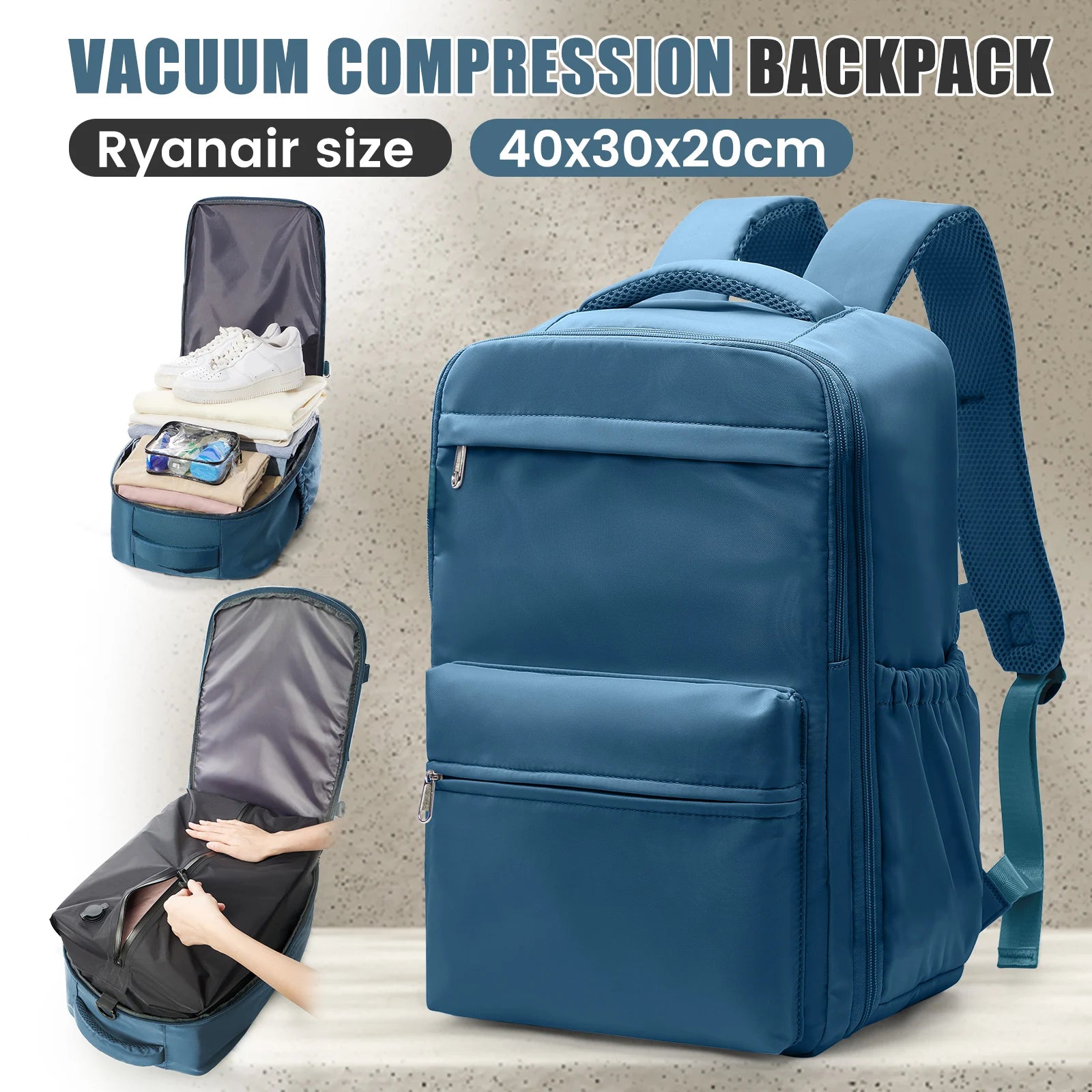 Ryanair 40x30x20 sac à dos de voyage sac à dos de compression sous vide avec pompe, sac de cabine Wizzair 15.6 "sac de voyage pour ordinateur portable, sac de rangement