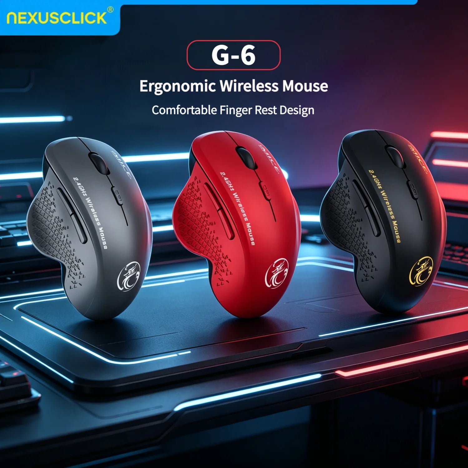 Souris sans fil NexusClick 2.4G à clic silencieux, 3 DPI réglables, 6 boutons, économie d'énergie, USB Plug and Play, pour ordinateur portable, bureau, jeux