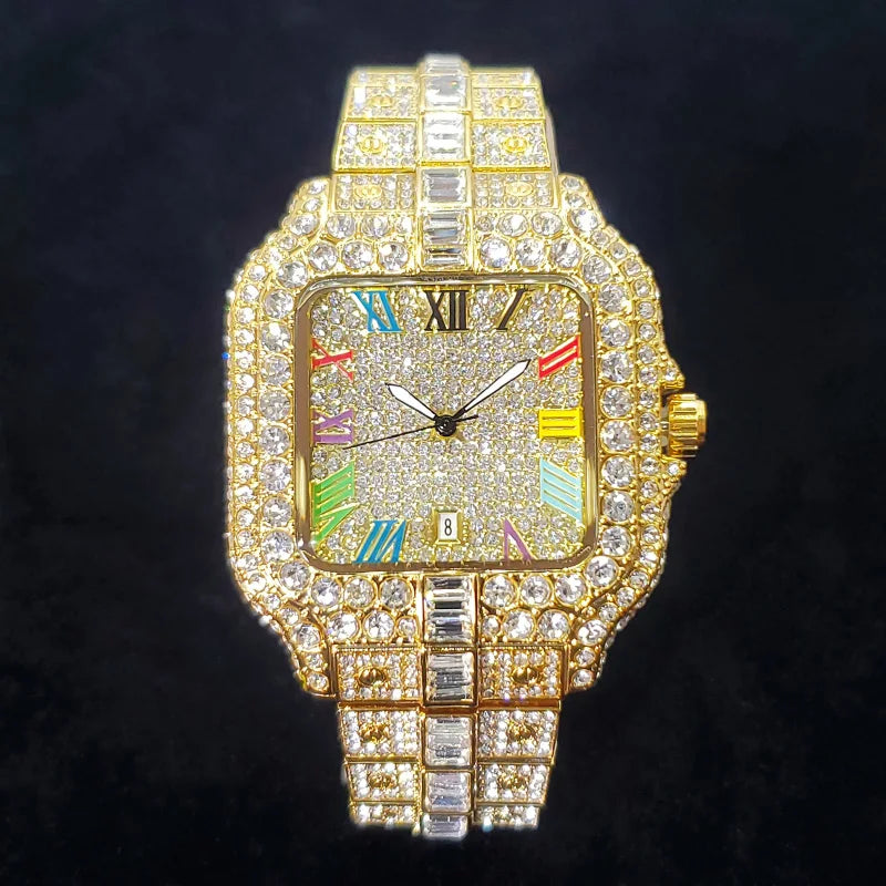UNIGUET luxe diamant montre à Quartz pour hommes cadran arc-en-ciel calendrier Hip Hop glacé or montre-bracelet hommes accessoire de mode 2025
