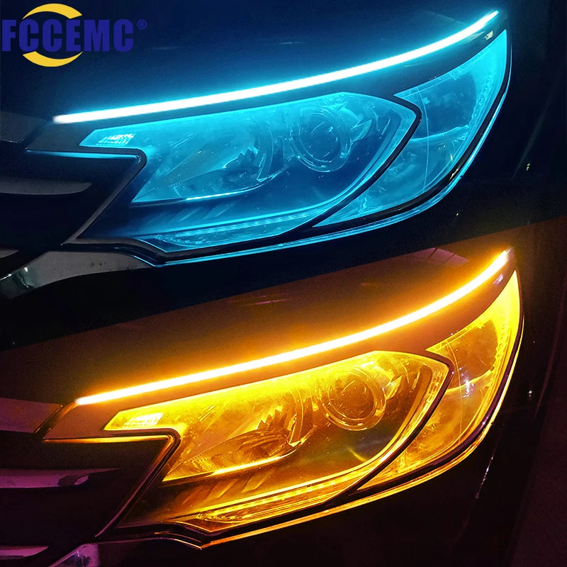 2 pièces LED DRL voiture feux de jour bande Flexible étanche phares automatiques blanc clignotant jaune feux de débit de frein 12V