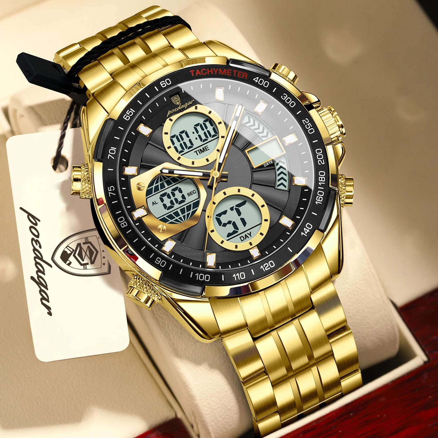 Montre-bracelet homme POEDAGAR, étanche, électronique, LED, affichage double heure, numérique, acier inoxydable, montre à quartz pour homme, Reloj