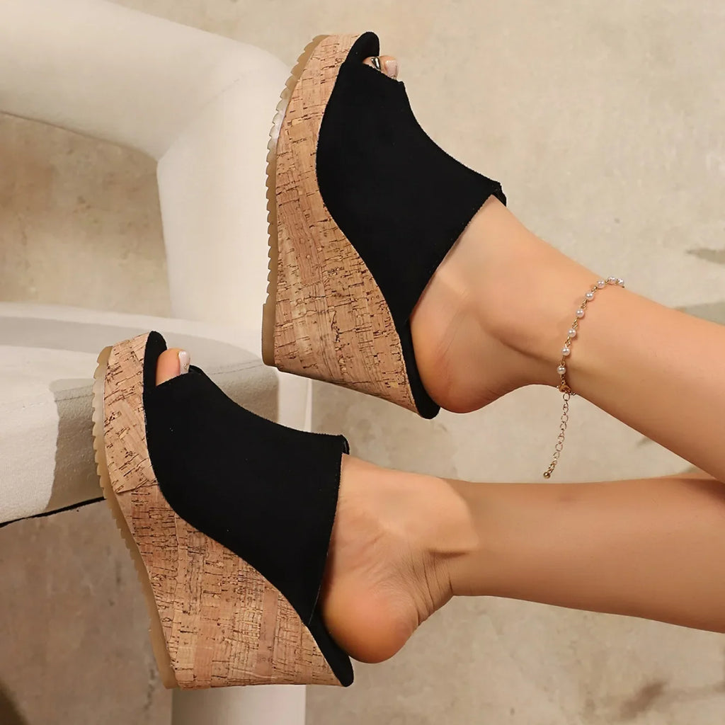 Sandales d'été antidérapantes et résistantes à l'usure pour femmes, chaussures compensées rétro à plateforme, sandales à talons hauts ouvertes, pantoufles