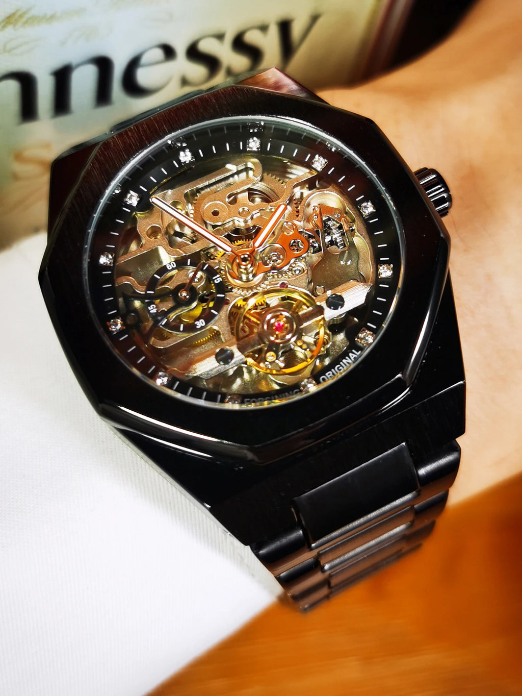 Forsining montre mécanique automatique décontractée pour hommes aiguilles lumineuses bracelet en acier inoxydable mode luxe squelette montres pour hommes