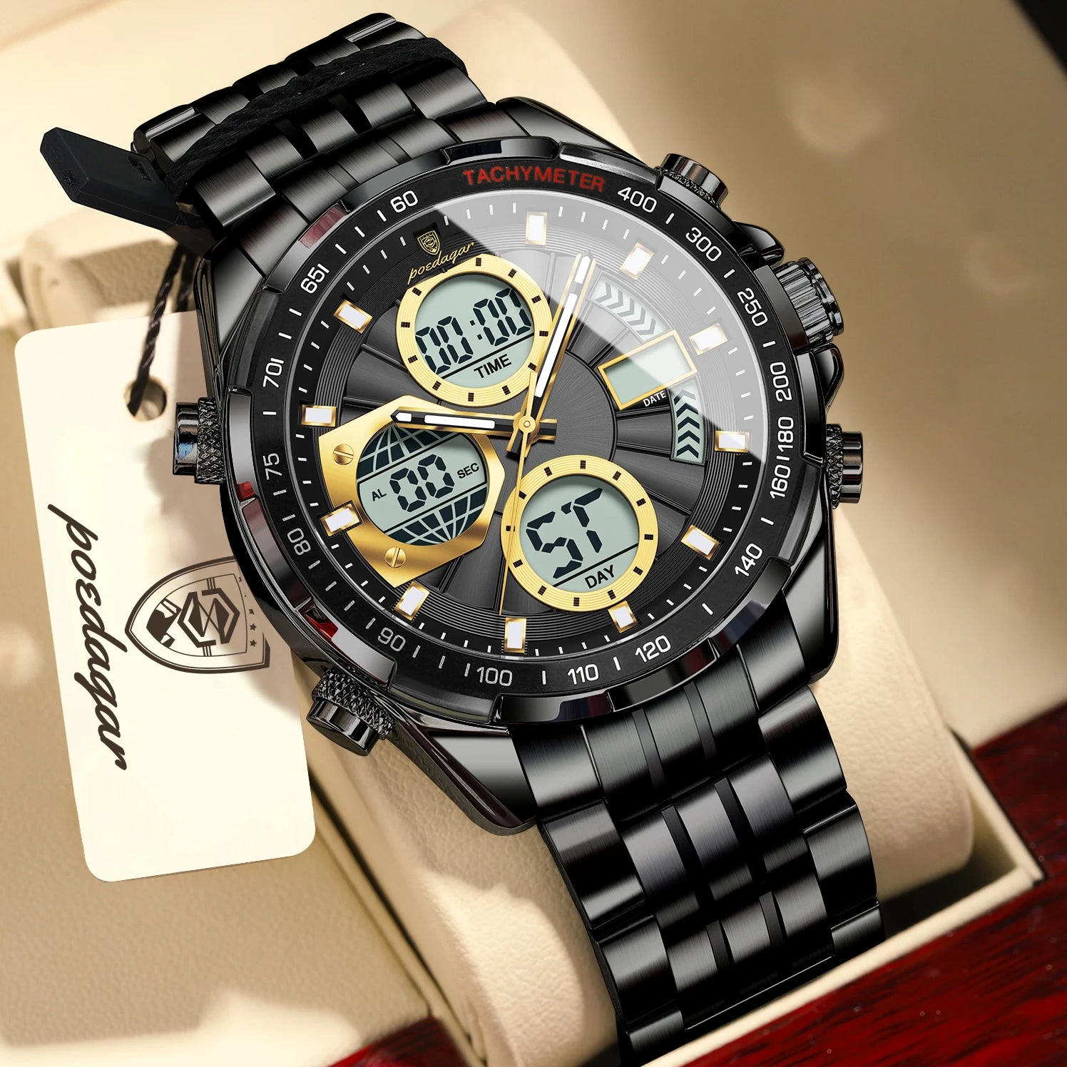Montre-bracelet homme POEDAGAR, étanche, électronique, LED, affichage double heure, numérique, acier inoxydable, montre à quartz pour homme, Reloj