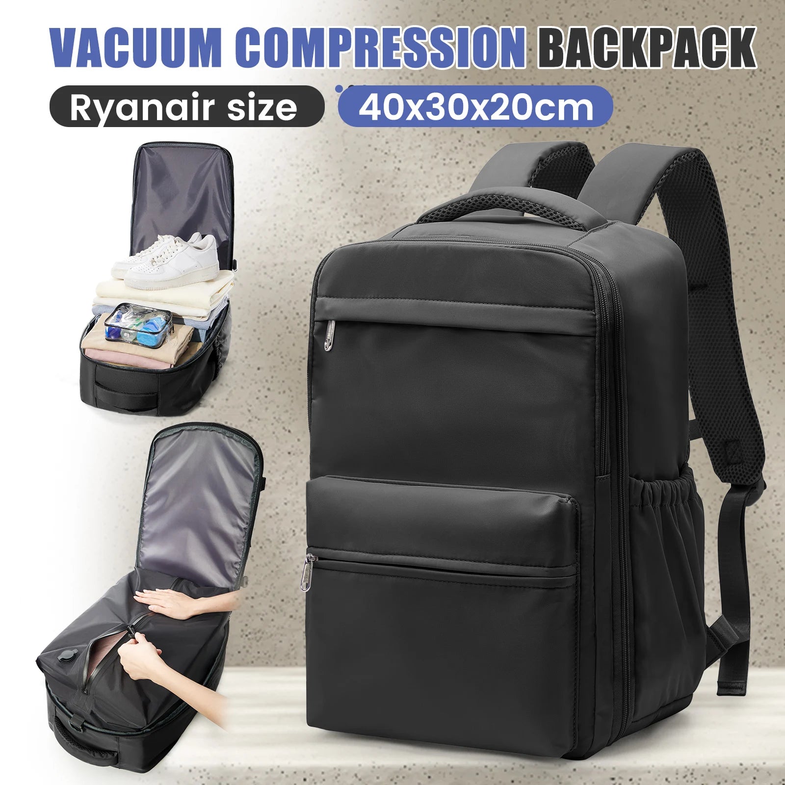 Ryanair 40x30x20 sac à dos de voyage sac à dos de compression sous vide avec pompe, sac de cabine Wizzair 15.6 "sac de voyage pour ordinateur portable, sac de rangement