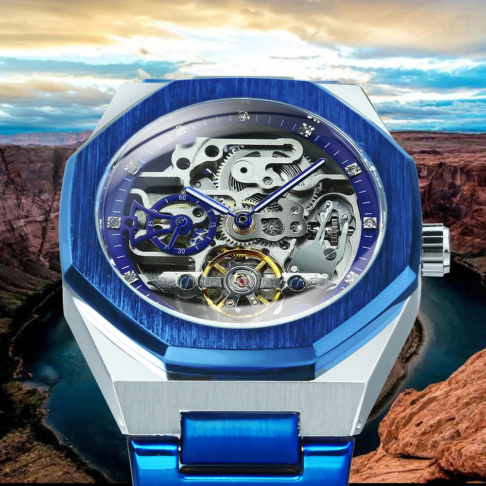 Forsining montre mécanique automatique décontractée pour hommes aiguilles lumineuses bracelet en acier inoxydable mode luxe squelette montres pour hommes