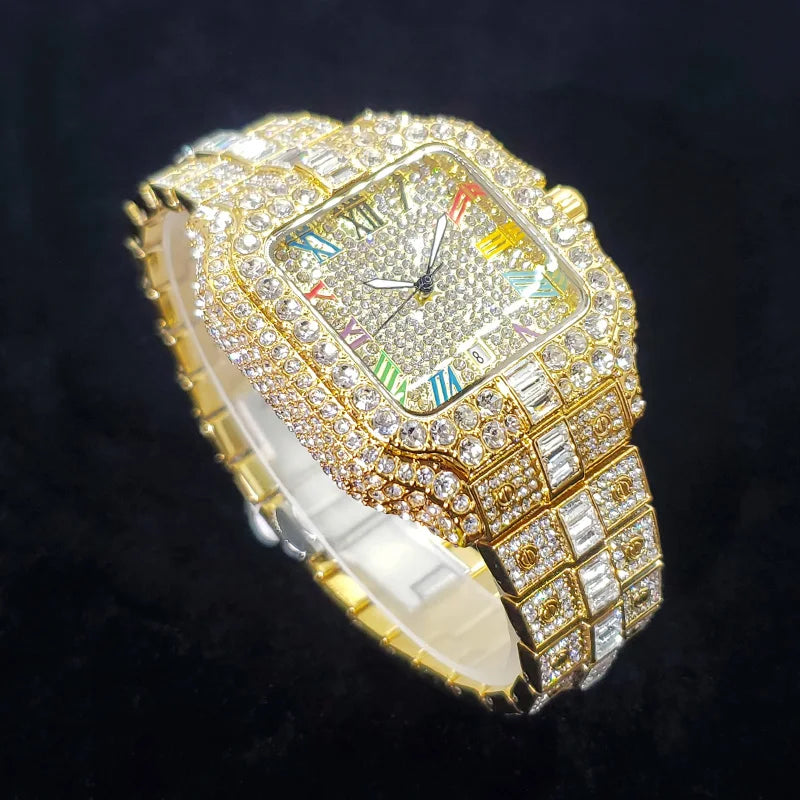 UNIGUET luxe diamant montre à Quartz pour hommes cadran arc-en-ciel calendrier Hip Hop glacé or montre-bracelet hommes accessoire de mode 2025