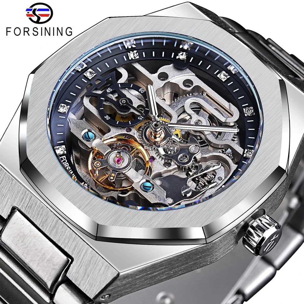 Forsining montre mécanique automatique décontractée pour hommes aiguilles lumineuses bracelet en acier inoxydable mode luxe squelette montres pour hommes