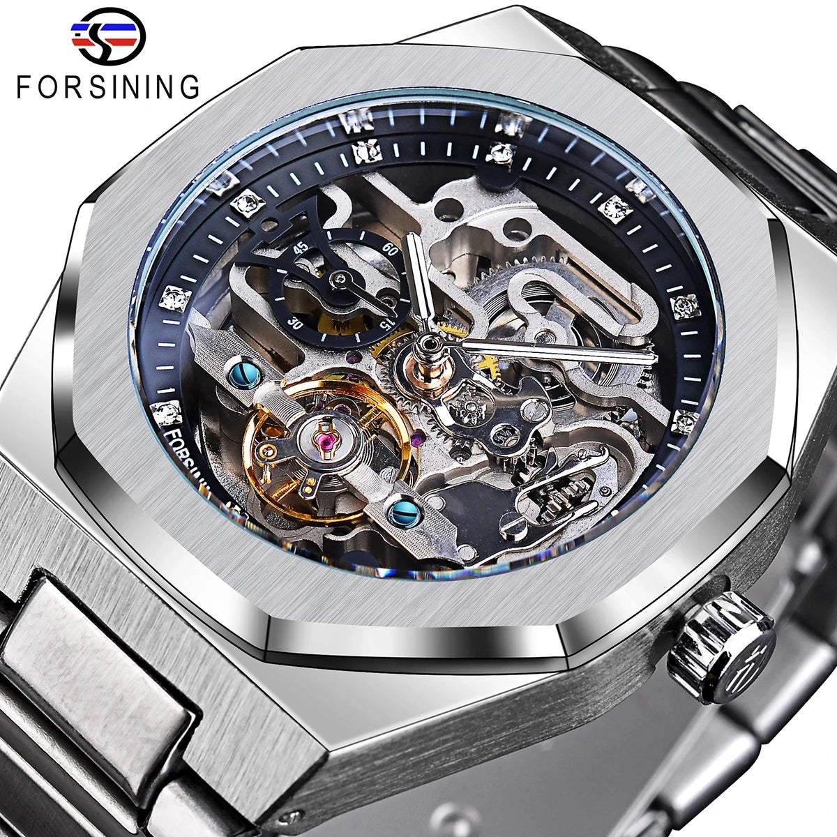 Forsining montre mécanique automatique décontractée pour hommes aiguilles lumineuses bracelet en acier inoxydable mode luxe squelette montres pour hommes