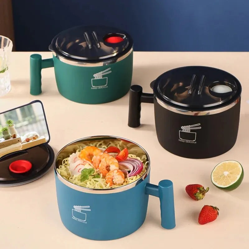 Bol en acier inoxydable avec couvercle pour nouilles instantanées, bol de vidange scellé et Portable pour ustensiles de cuisine, partenaire de nouilles instantanées