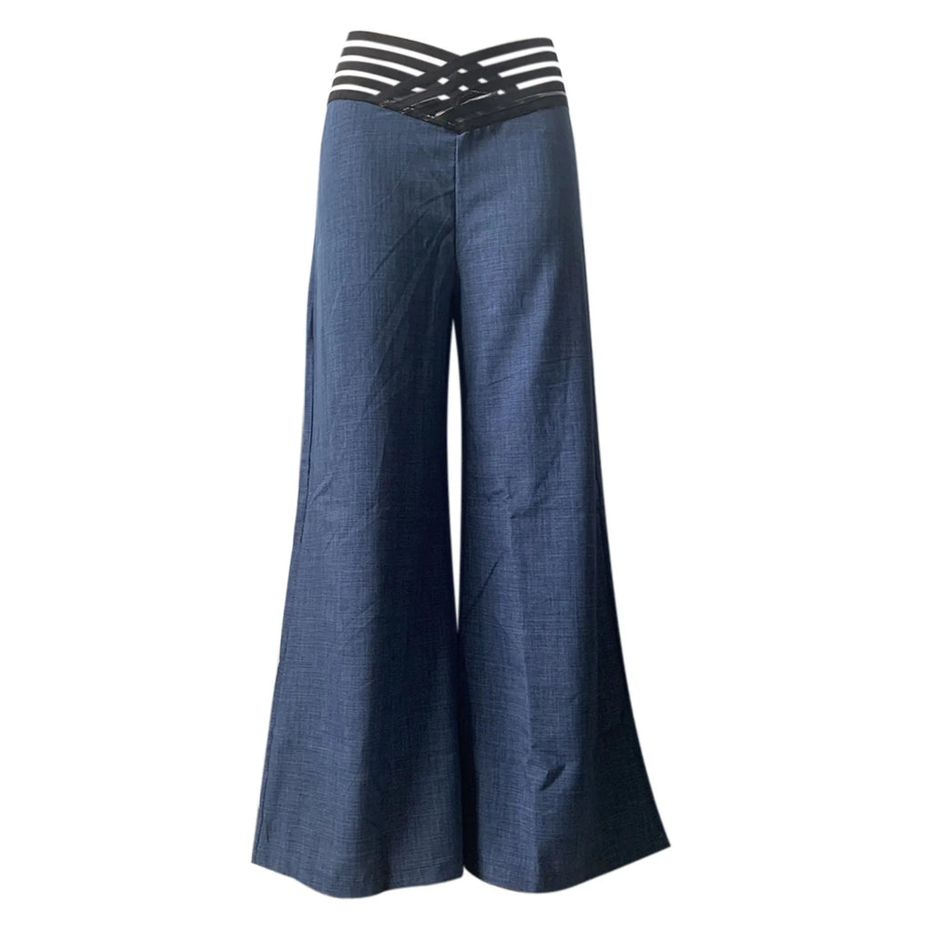Pantalon évasé pour femmes, élégant, bureau, décontracté, taille haute, printemps été, solide, croisé, maille transparente, Patch, jambes larges