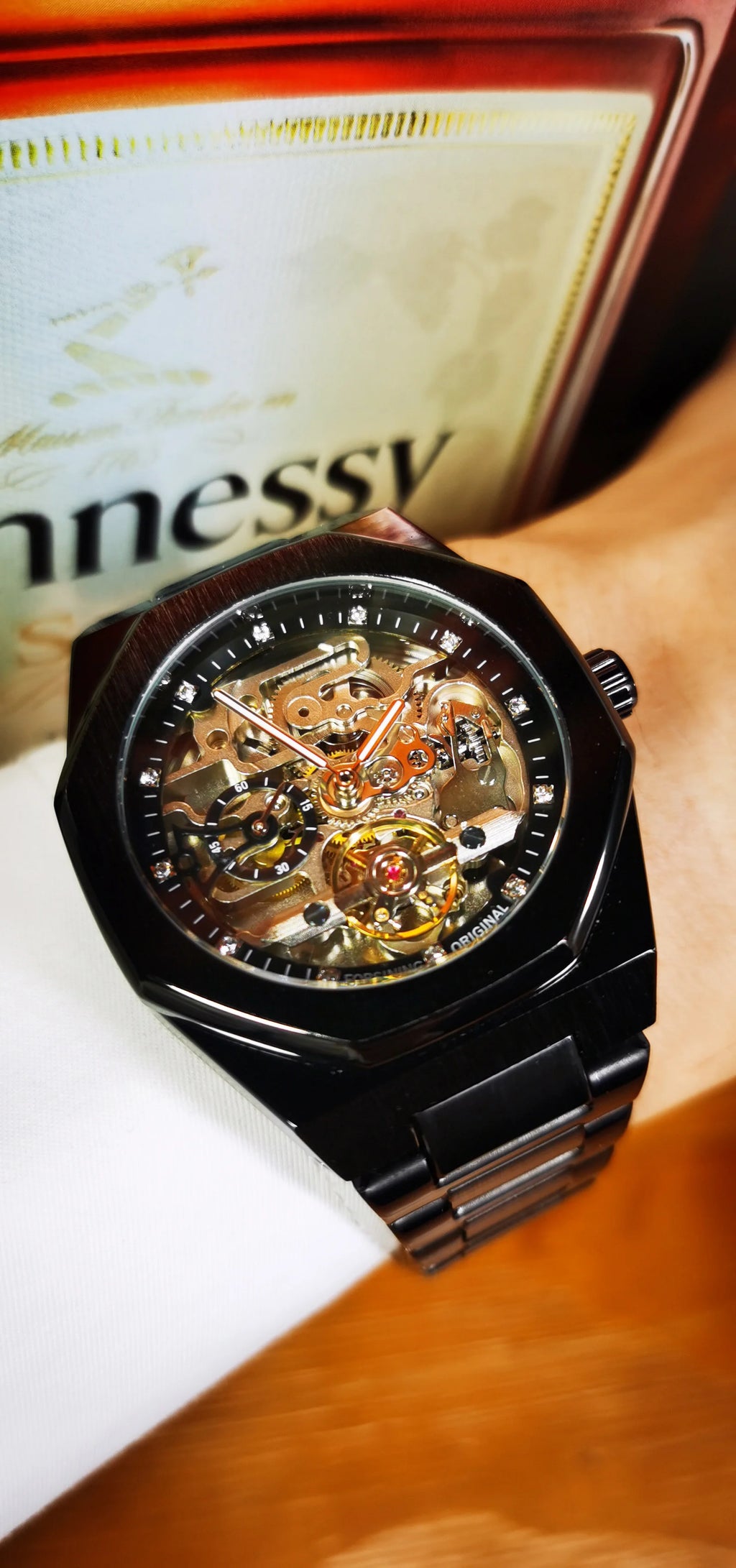 Forsining montre mécanique automatique décontractée pour hommes aiguilles lumineuses bracelet en acier inoxydable mode luxe squelette montres pour hommes