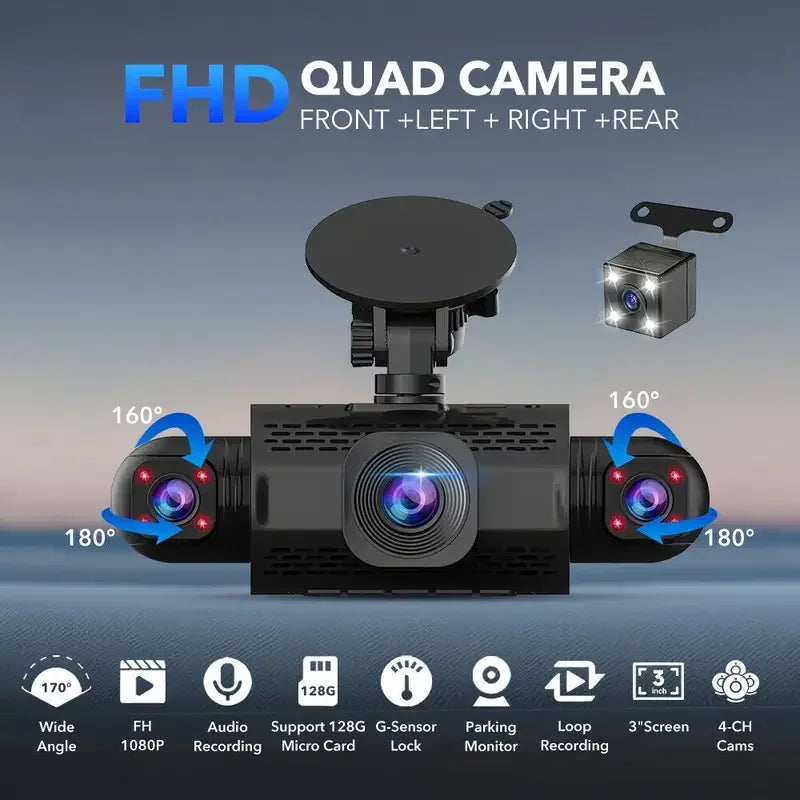 Caméra de tableau de bord de voiture 4 canaux boîte noire caméra de conduite FHD 1080P avant gauche droite arrière Vision nocturne enregistrement en boucle ajouter kit de fil dur