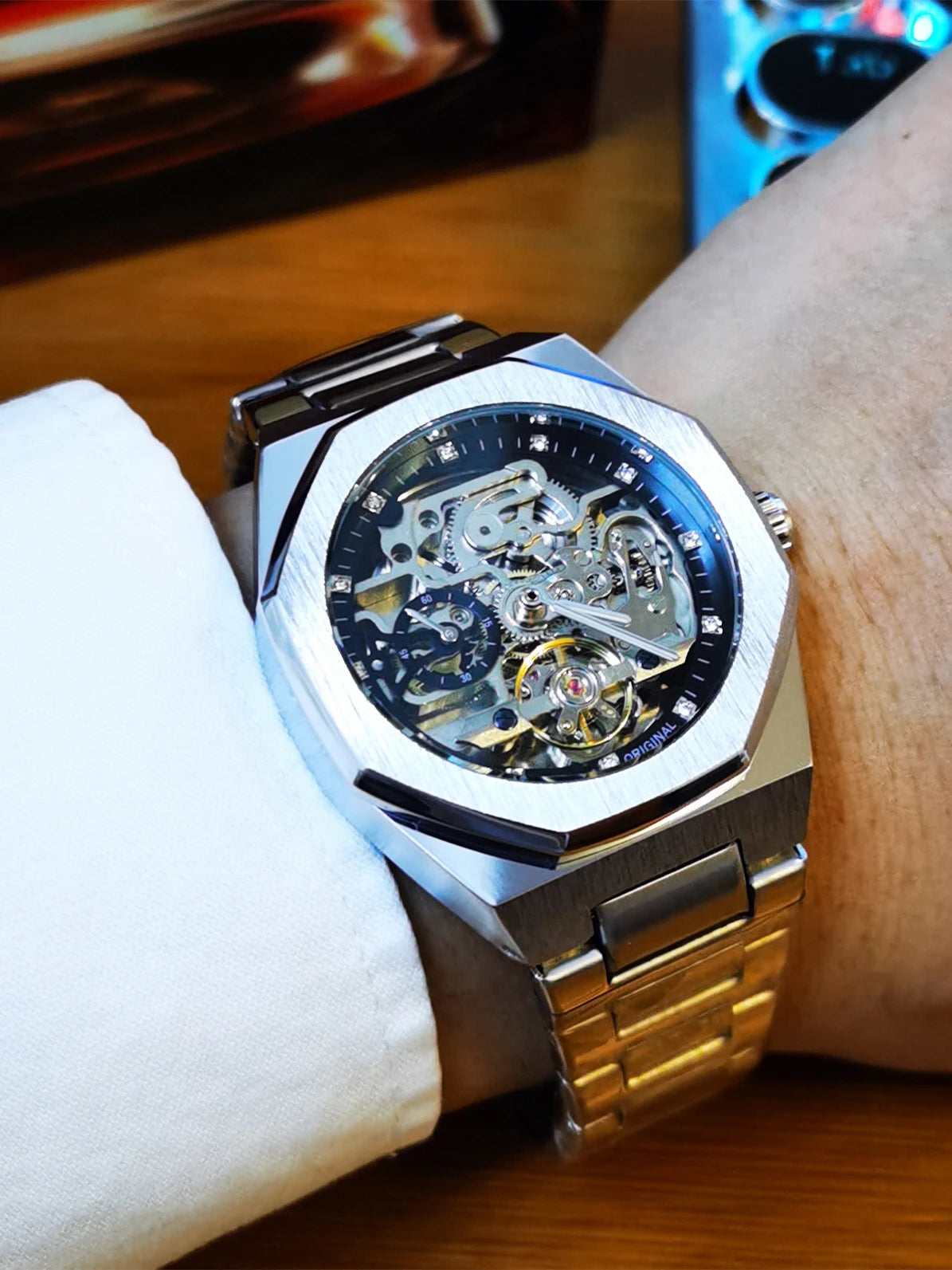 Forsining montre mécanique automatique décontractée pour hommes aiguilles lumineuses bracelet en acier inoxydable mode luxe squelette montres pour hommes