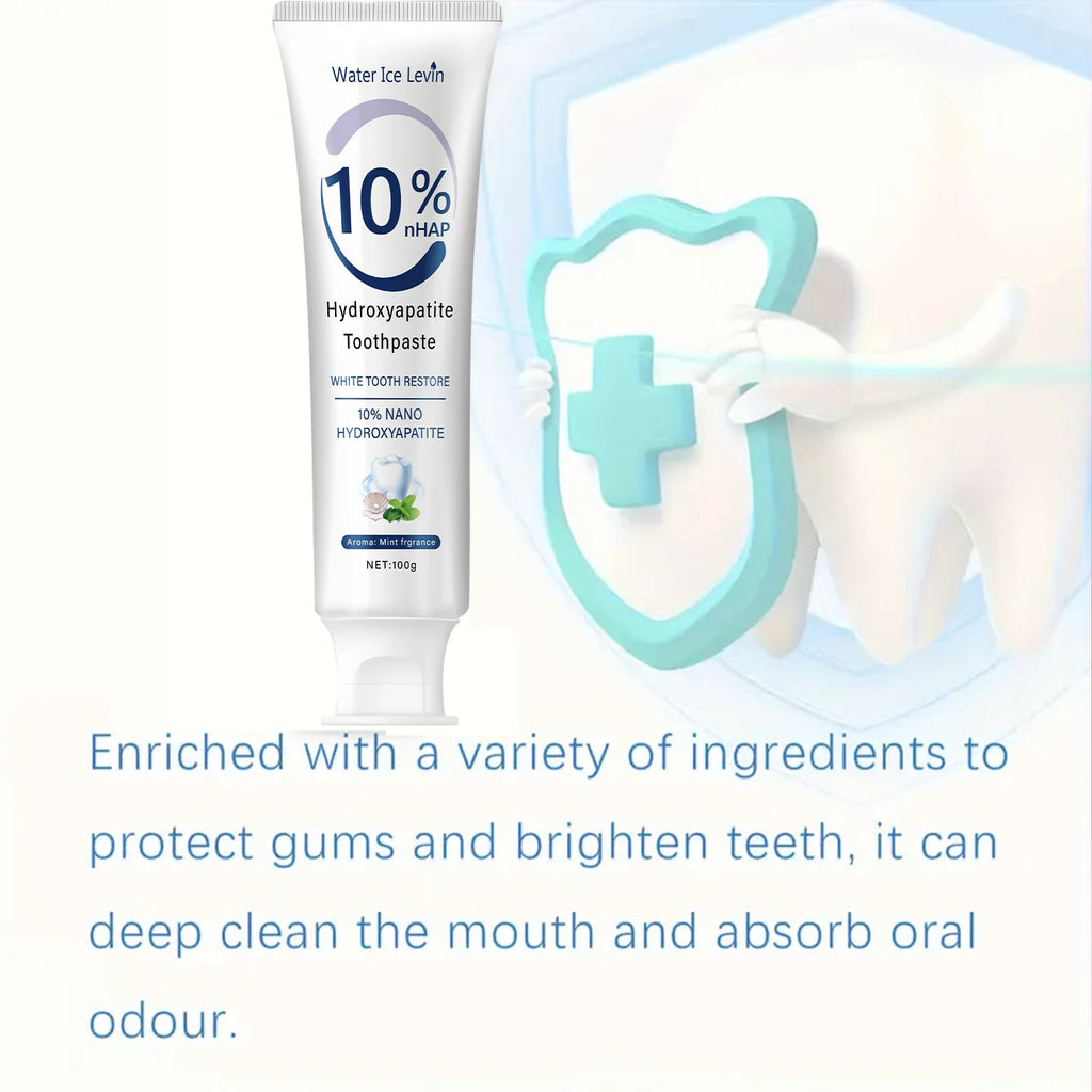 Le dentifrice nano hydroxyapatite 10% restaure les dents blanches. Protege les gencives. Nettoyage en profondeur. Éclairez le sourire. 100 g de menthe fraîche.