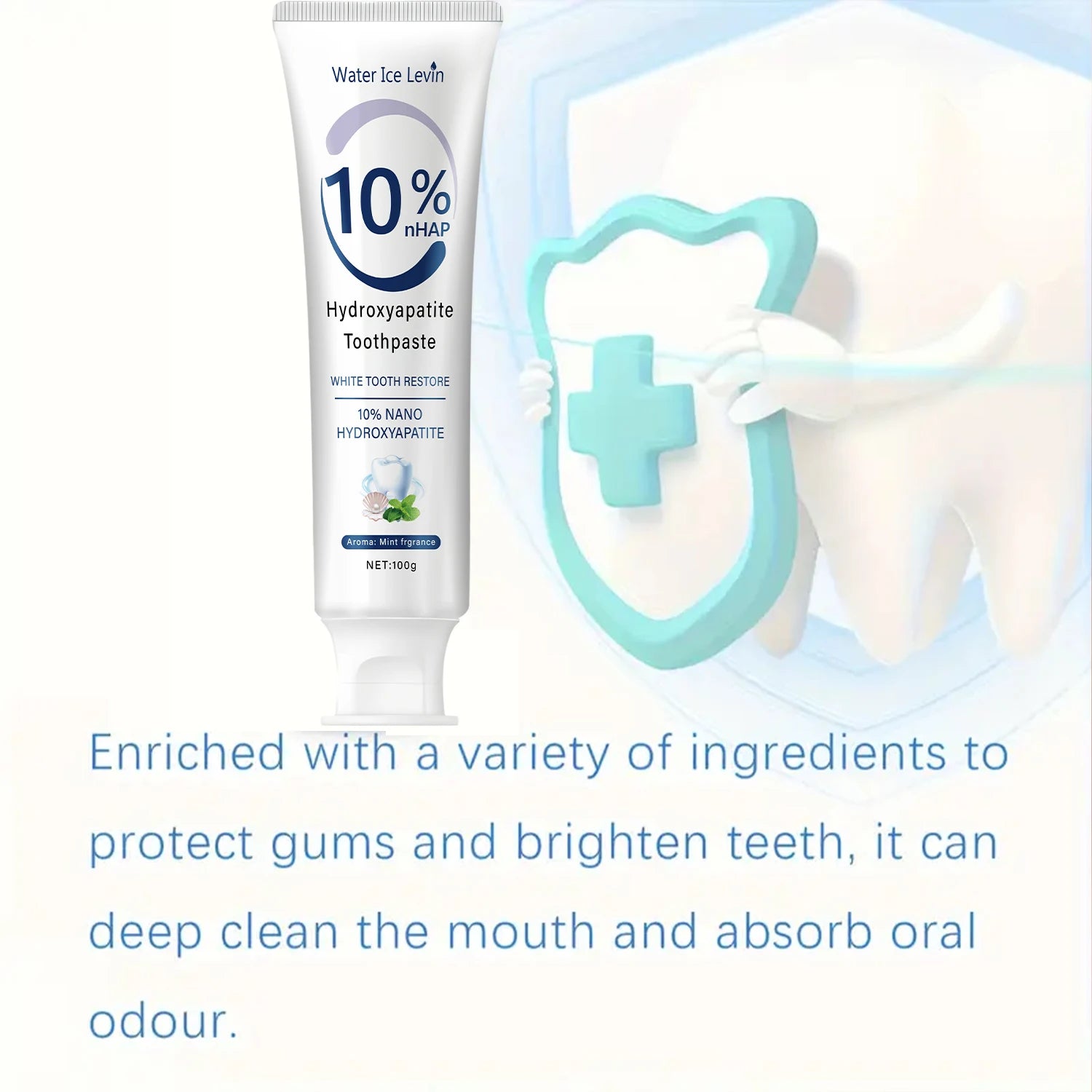 Le dentifrice nano hydroxyapatite 10% restaure les dents blanches. Protege les gencives. Nettoyage en profondeur. Éclairez le sourire. 100 g de menthe fraîche.