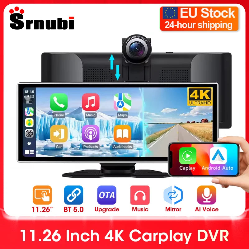 Srnubi 11.26 pouces 4K Dash Cam sans fil CarPlay et Android Auto Portable voiture DVR systèmes intelligents enregistreur vidéo GPS Navigation
