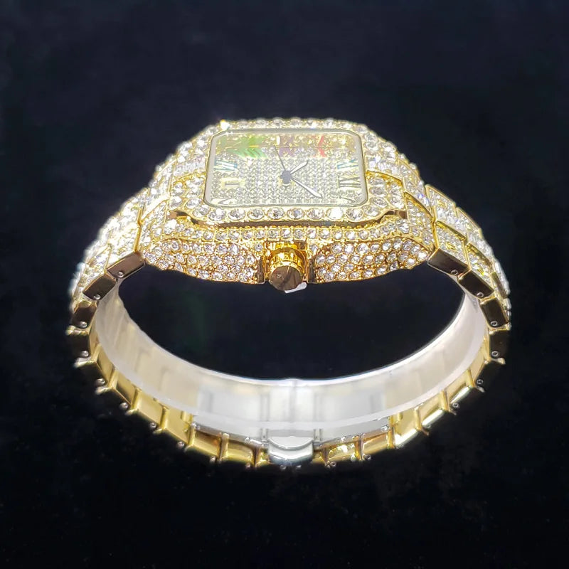 UNIGUET luxe diamant montre à Quartz pour hommes cadran arc-en-ciel calendrier Hip Hop glacé or montre-bracelet hommes accessoire de mode 2025