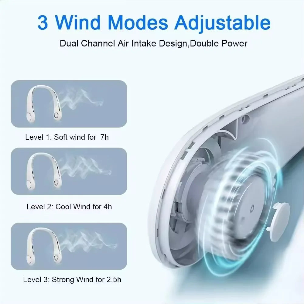 Ventilateur de cou mains libres, portable, rechargeable par USB, sans pales, silencieux, pour les voyages d'été, 3 vitesses, mini, longue autonomie