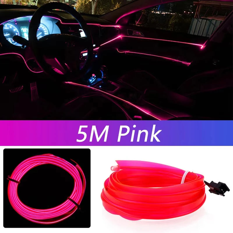Bande lumineuse LED pour intérieur de voiture, néon, câblage EL, lampe décorative pour auto, bricolage, lumière ambiante flexible, USB, escales de fête, diode, 5m