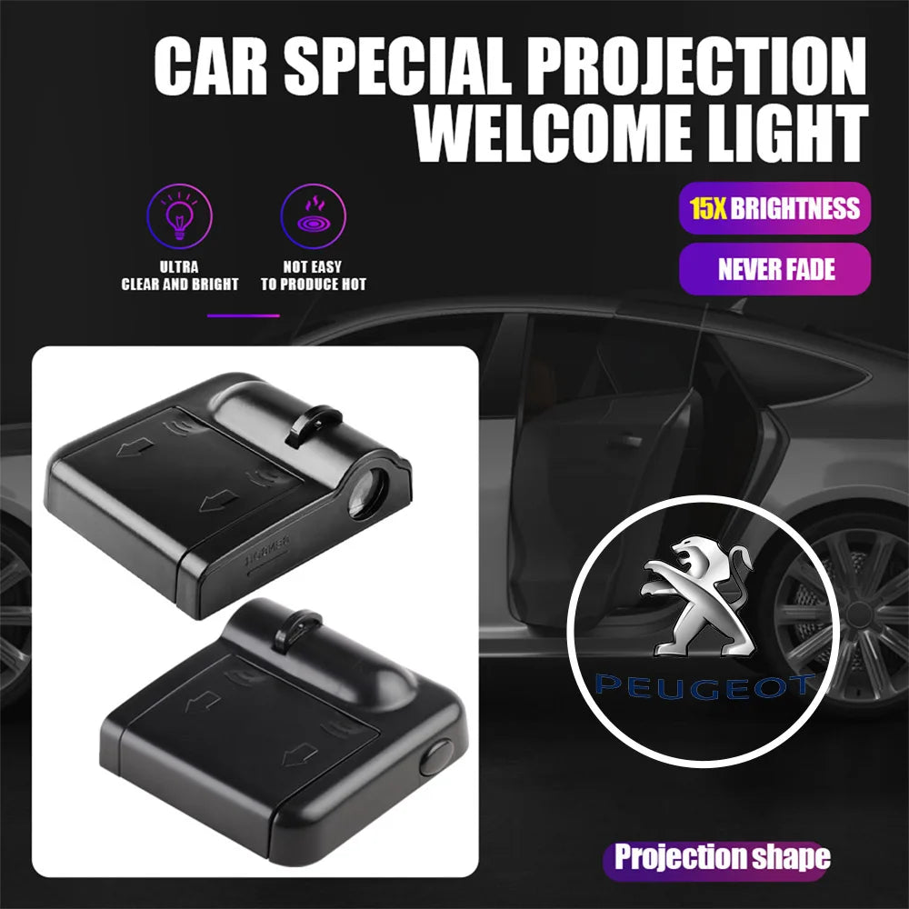 Projecteur LED sans fil pour logo de voiture, éclairage de bienvenue sur la portière, lampe de projection de badge pour Peugeot 206 207 208 307 308 107 2008 3008, accessoires