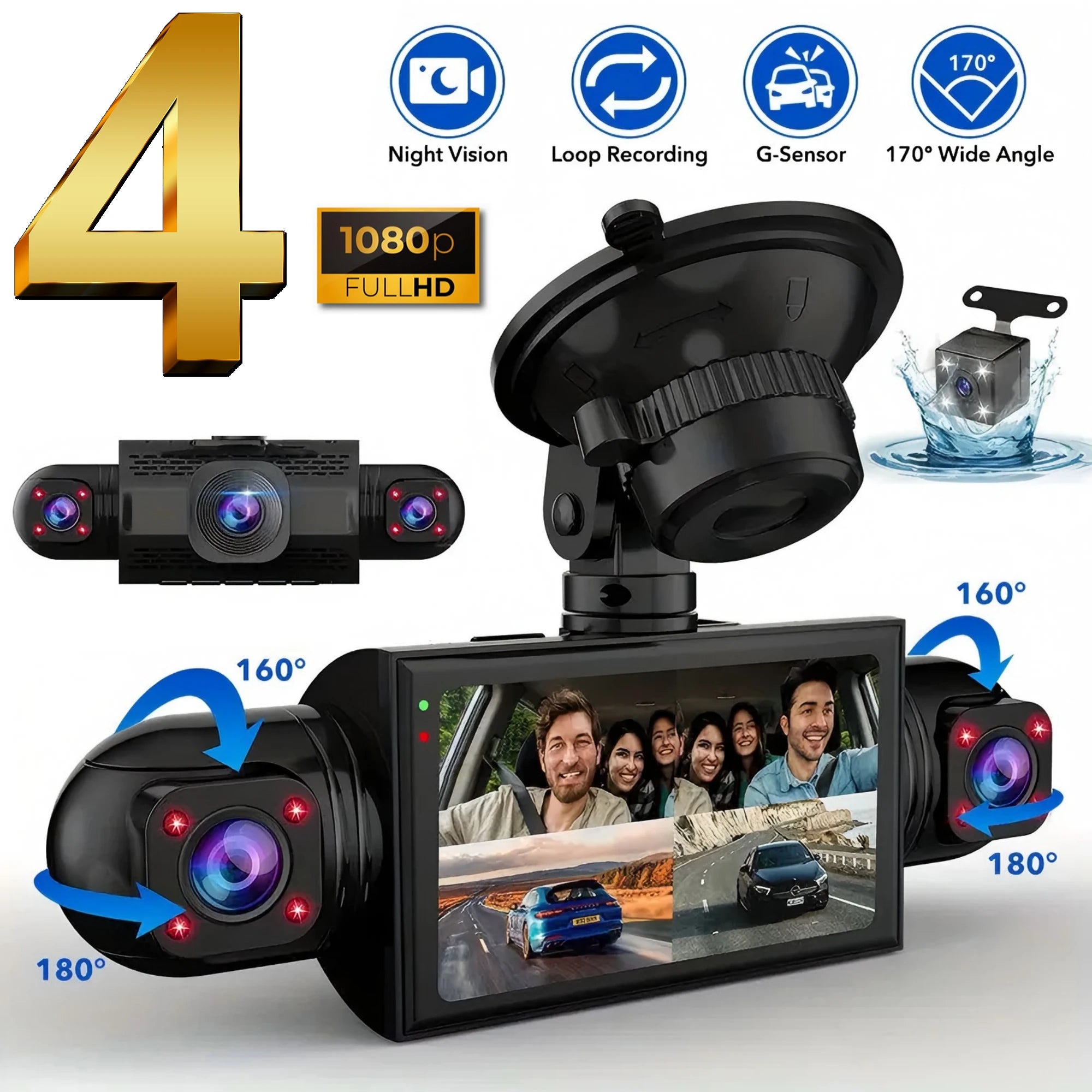 Caméra de tableau de bord de voiture 4 canaux boîte noire caméra de conduite FHD 1080P avant gauche droite arrière Vision nocturne enregistrement en boucle ajouter kit de fil dur