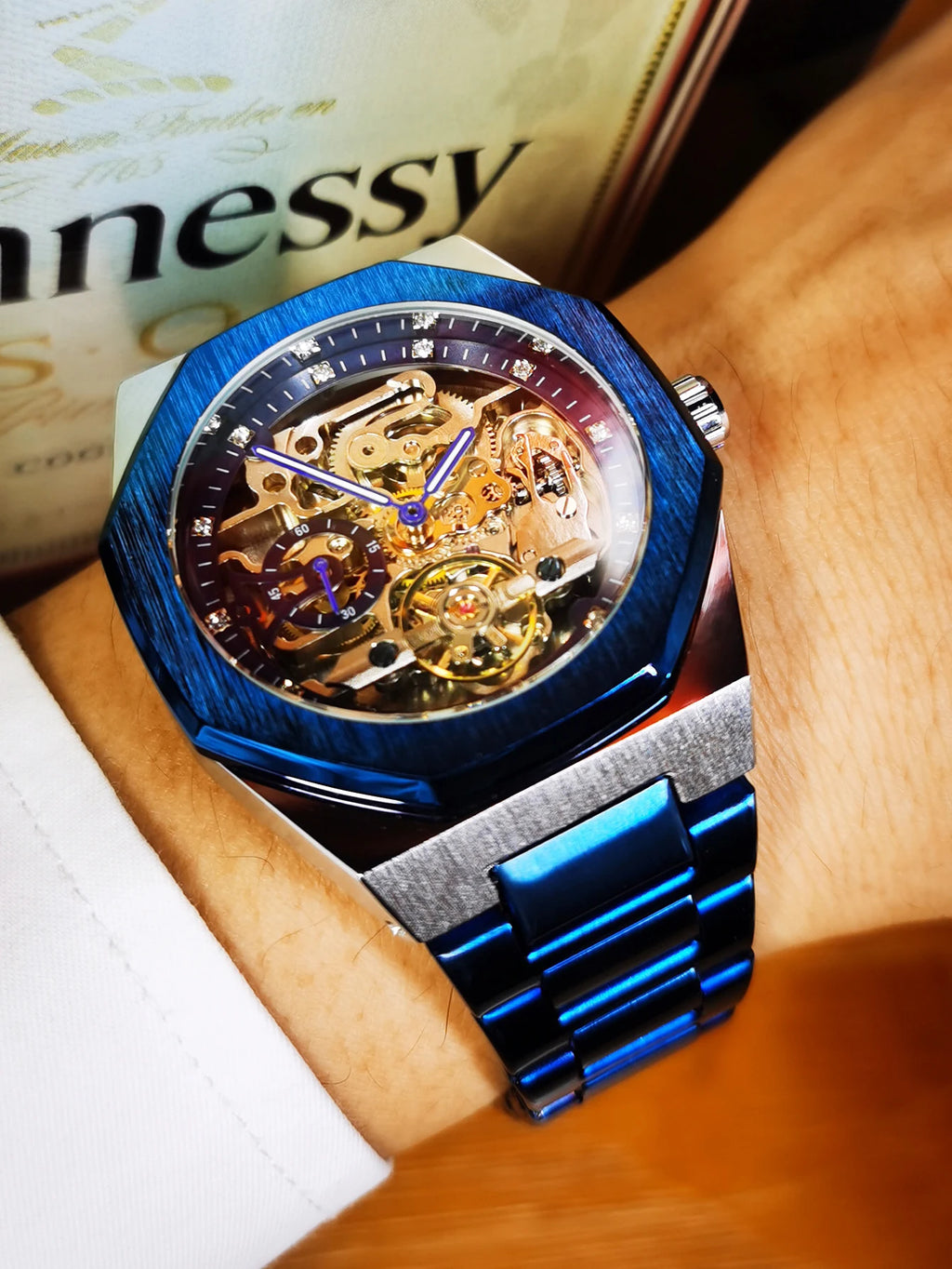Forsining montre mécanique automatique décontractée pour hommes aiguilles lumineuses bracelet en acier inoxydable mode luxe squelette montres pour hommes