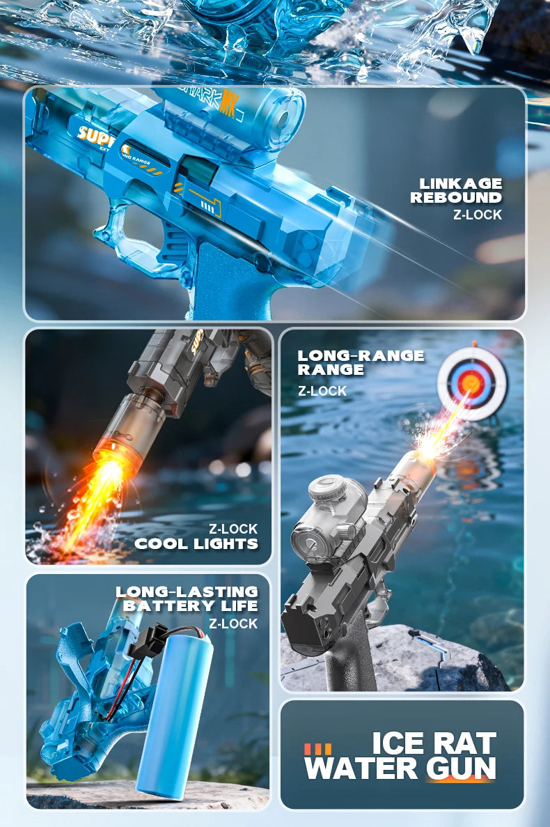 Pistolet à eau électrique avec simulation de tir et de recul, jouet pour enfants, pistolet à eau automatique avec capteur lumineux, jouet d'été pour la plage et les activités de plein air