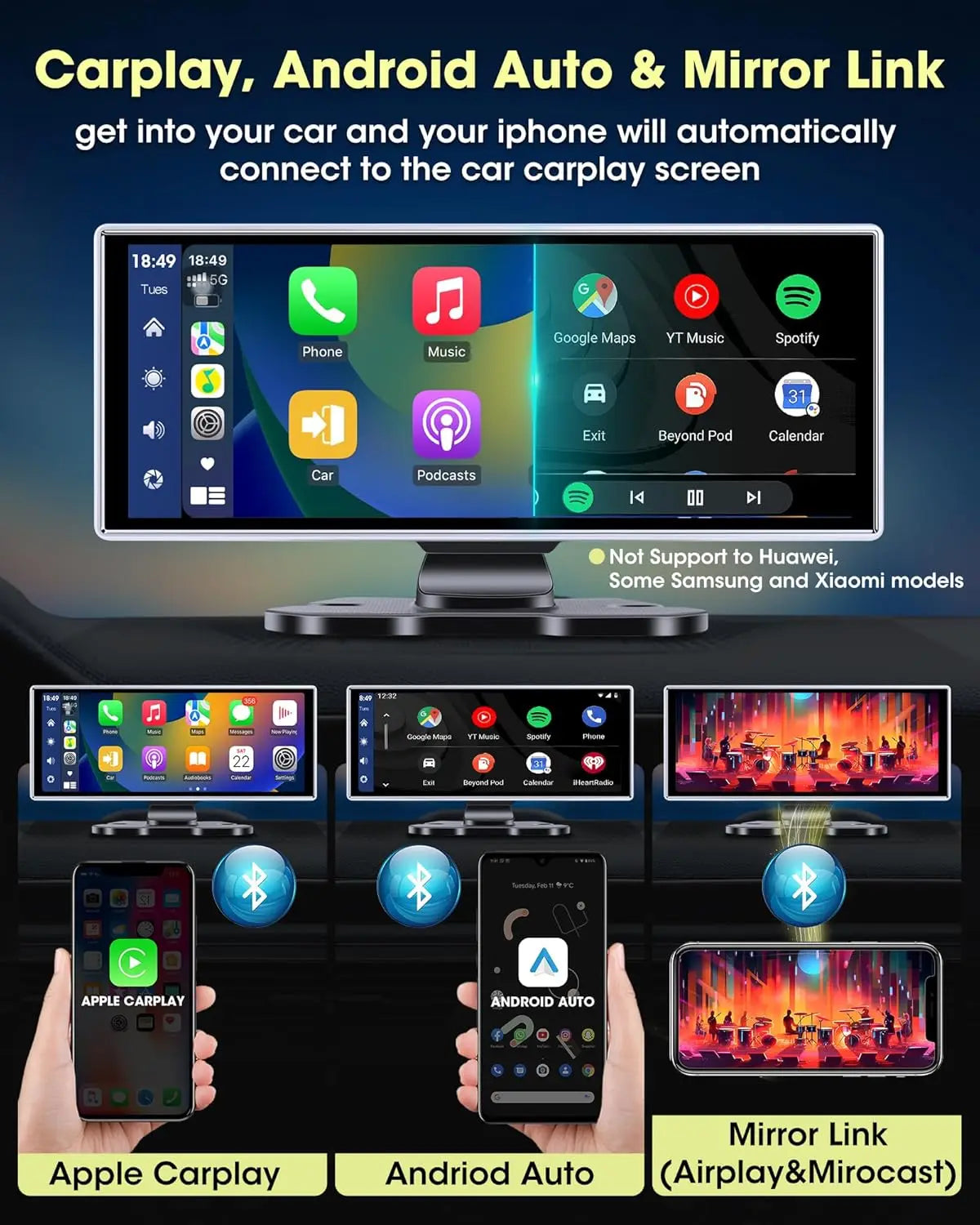 Srnubi 11.26 pouces 4K Dash Cam sans fil CarPlay et Android Auto Portable voiture DVR systèmes intelligents enregistreur vidéo GPS Navigation