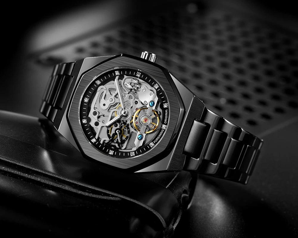 Forsining montre mécanique automatique décontractée pour hommes aiguilles lumineuses bracelet en acier inoxydable mode luxe squelette montres pour hommes