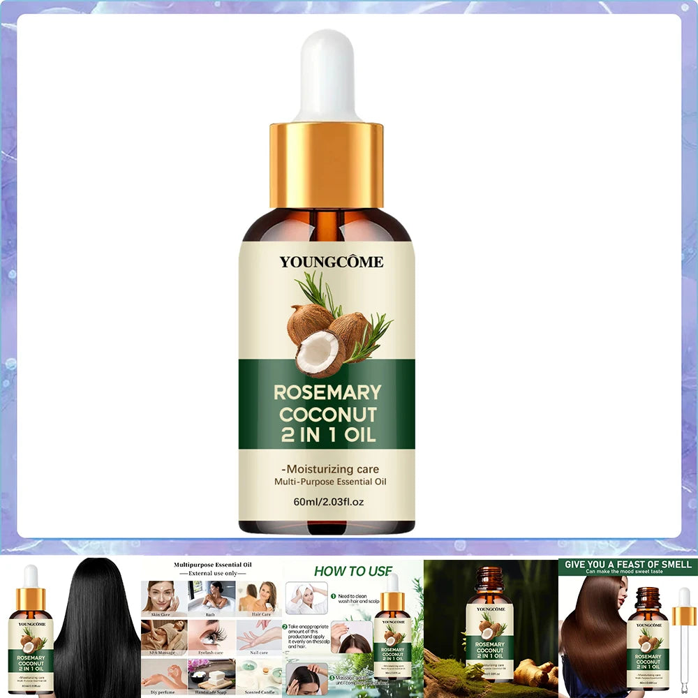 Huile essentielle de romarin et d'huile de noix de coco pour améliorer la perte de cheveux et nourrir, renforcer les racines des cheveux, traitement du cuir chevelu, soins capillaires