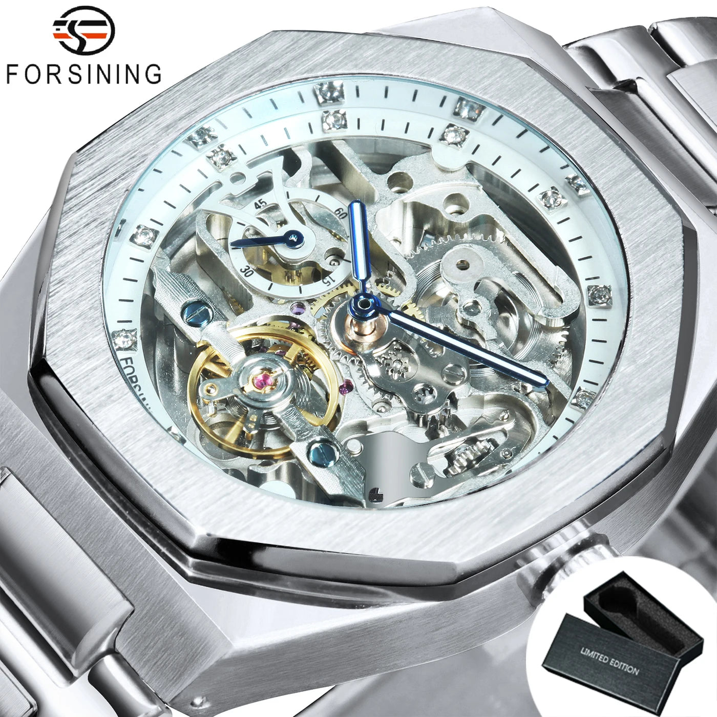 Forsining montre mécanique automatique décontractée pour hommes aiguilles lumineuses bracelet en acier inoxydable mode luxe squelette montres pour hommes