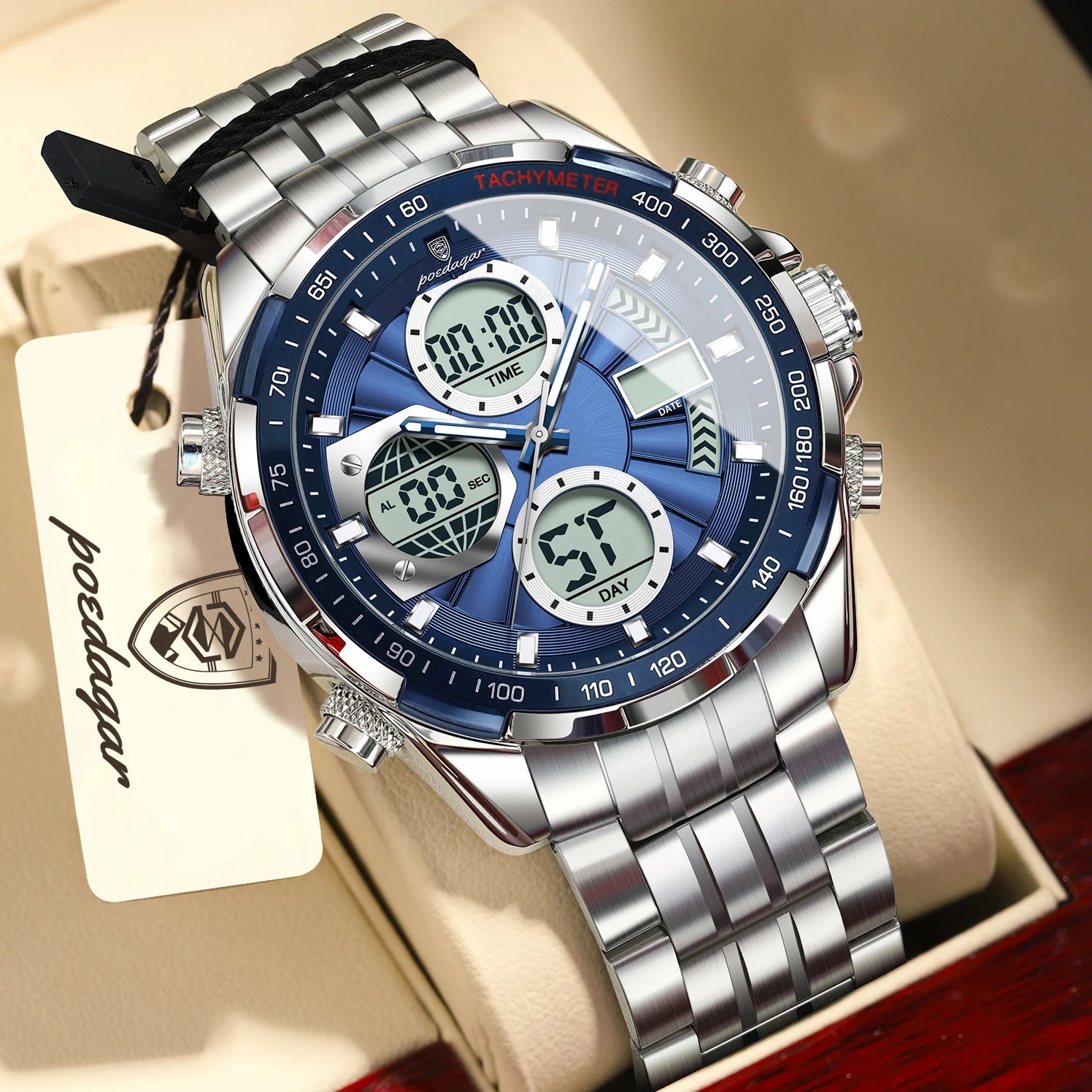 Montre-bracelet homme POEDAGAR, étanche, électronique, LED, affichage double heure, numérique, acier inoxydable, montre à quartz pour homme, Reloj