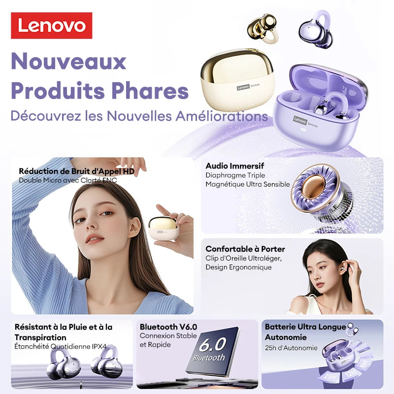 Casque sans fil Bluetooth 6.0 Lenovo LE302, longue durée de vie de la batterie, écouteurs sportifs à clip d'oreille, écouteurs stéréo HIFI à réduction de bruit