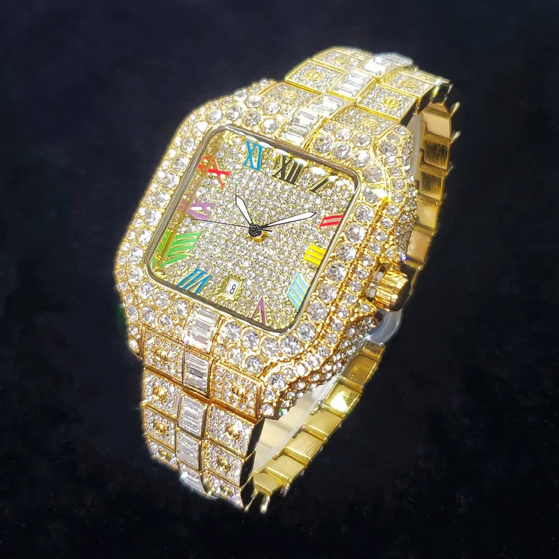 UNIGUET luxe diamant montre à Quartz pour hommes cadran arc-en-ciel calendrier Hip Hop glacé or montre-bracelet hommes accessoire de mode 2025