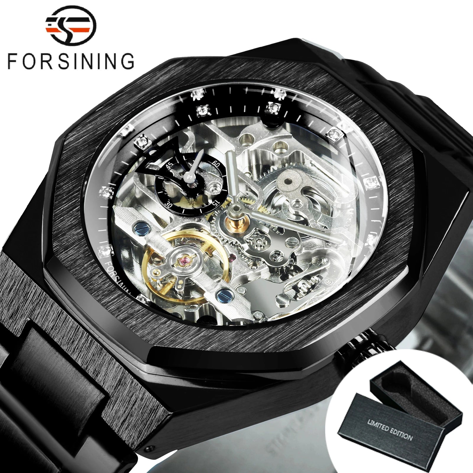 Forsining montre mécanique automatique décontractée pour hommes aiguilles lumineuses bracelet en acier inoxydable mode luxe squelette montres pour hommes