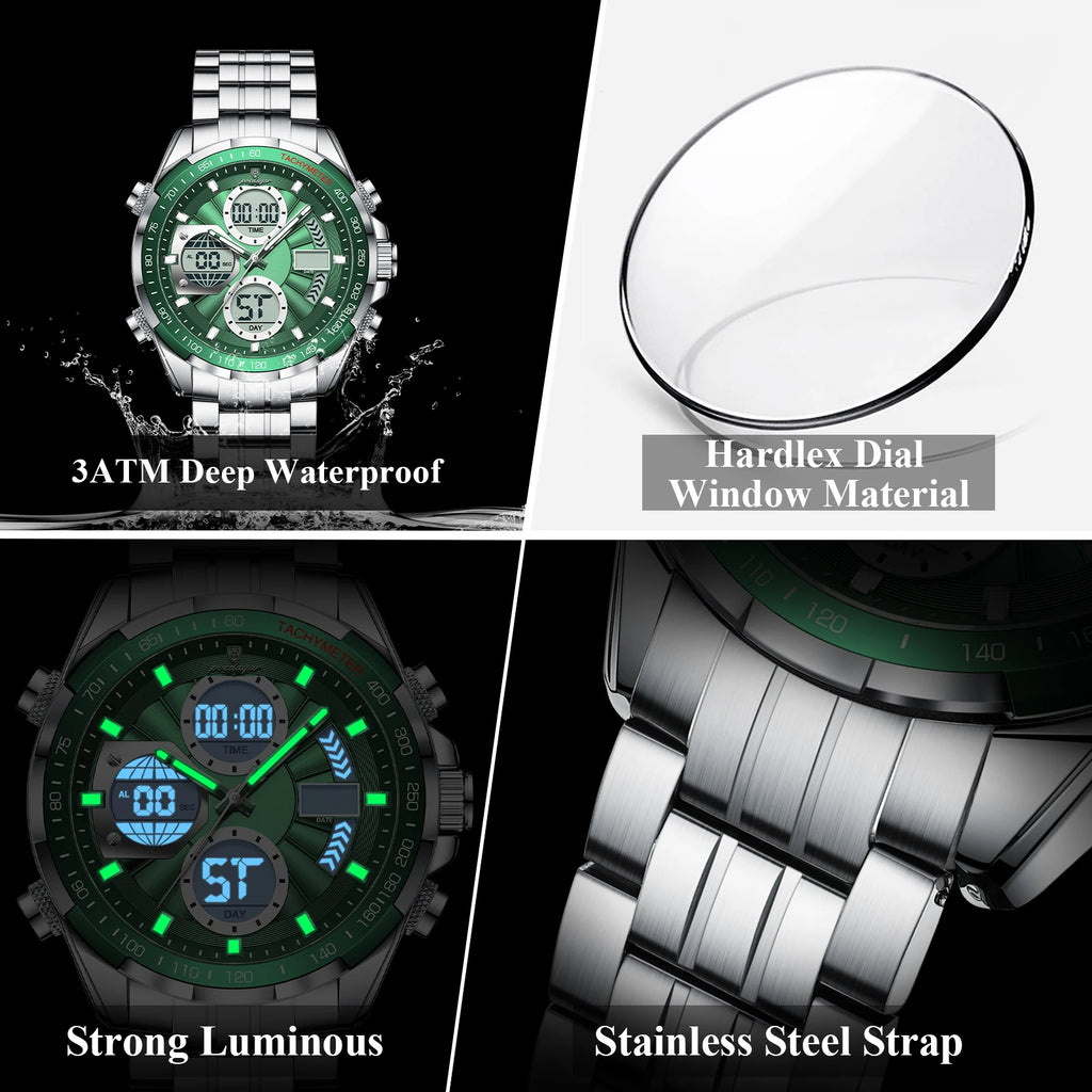 Montre-bracelet homme POEDAGAR, étanche, électronique, LED, affichage double heure, numérique, acier inoxydable, montre à quartz pour homme, Reloj