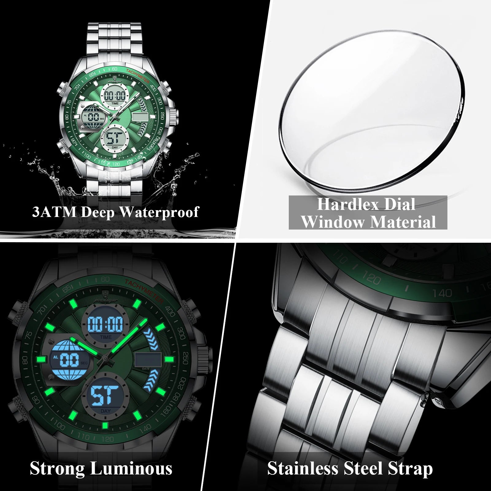 Montre-bracelet homme POEDAGAR, étanche, électronique, LED, affichage double heure, numérique, acier inoxydable, montre à quartz pour homme, Reloj