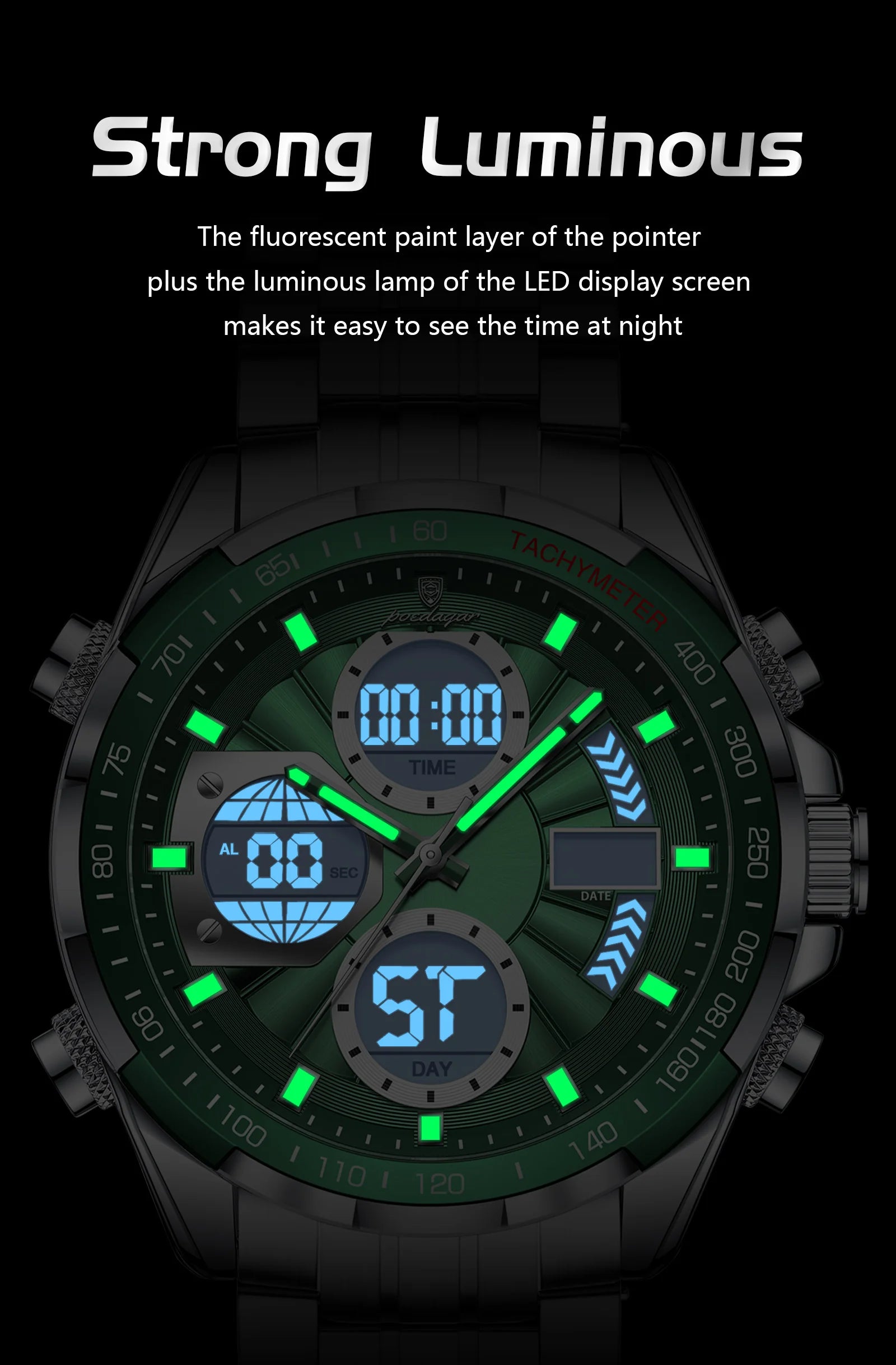 Montre-bracelet homme POEDAGAR, étanche, électronique, LED, affichage double heure, numérique, acier inoxydable, montre à quartz pour homme, Reloj