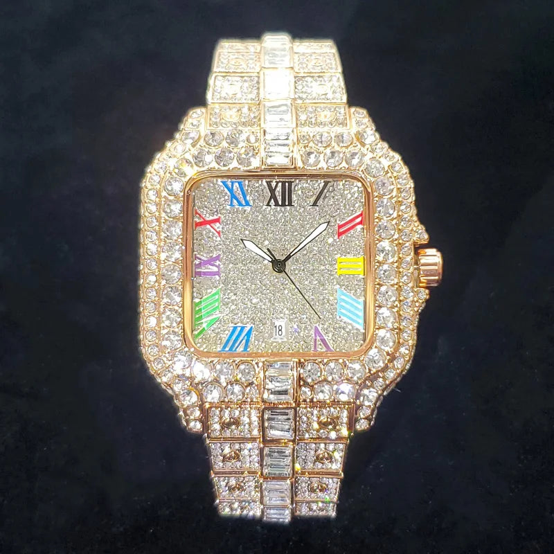 UNIGUET luxe diamant montre à Quartz pour hommes cadran arc-en-ciel calendrier Hip Hop glacé or montre-bracelet hommes accessoire de mode 2025