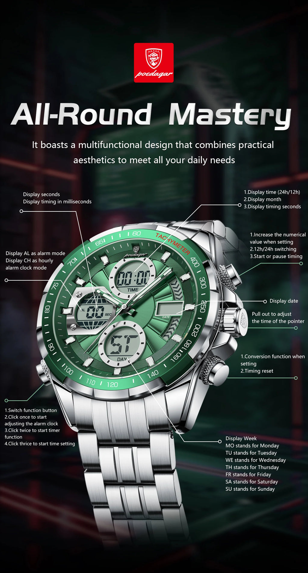 Montre-bracelet homme POEDAGAR, étanche, électronique, LED, affichage double heure, numérique, acier inoxydable, montre à quartz pour homme, Reloj