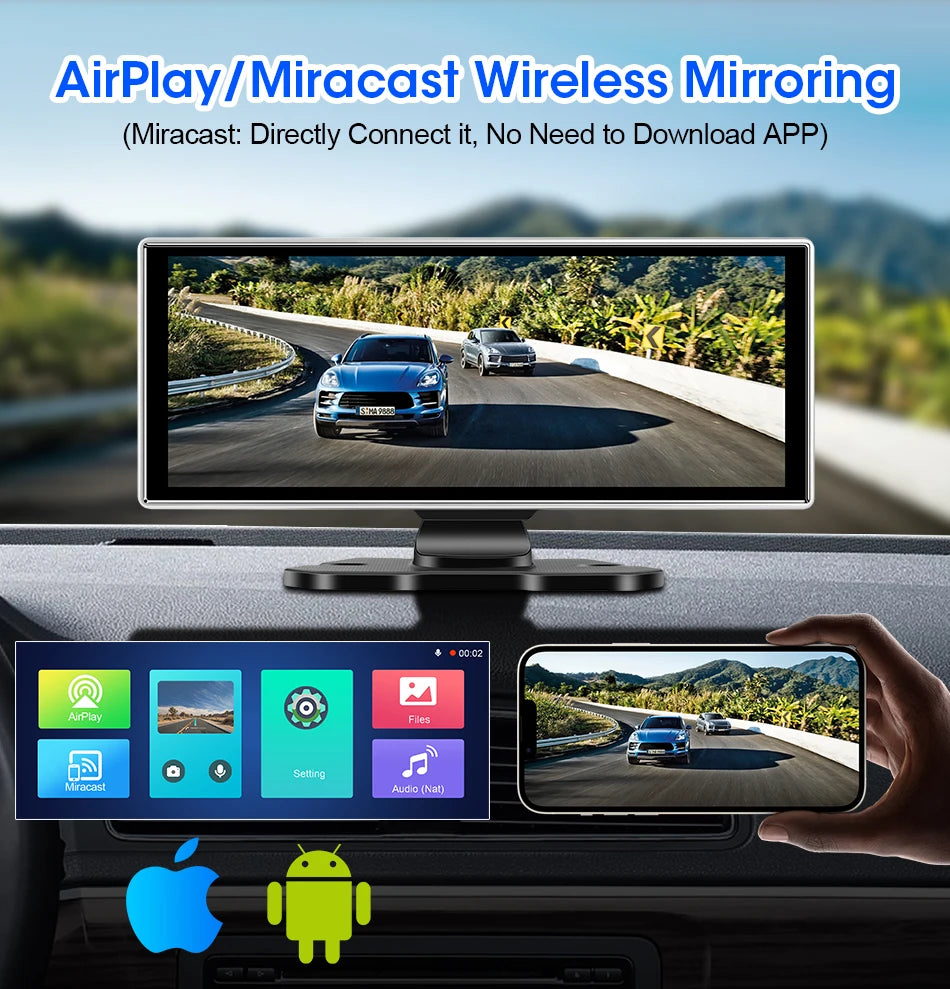 Srnubi 11.26 pouces 4K Dash Cam sans fil CarPlay et Android Auto Portable voiture DVR systèmes intelligents enregistreur vidéo GPS Navigation