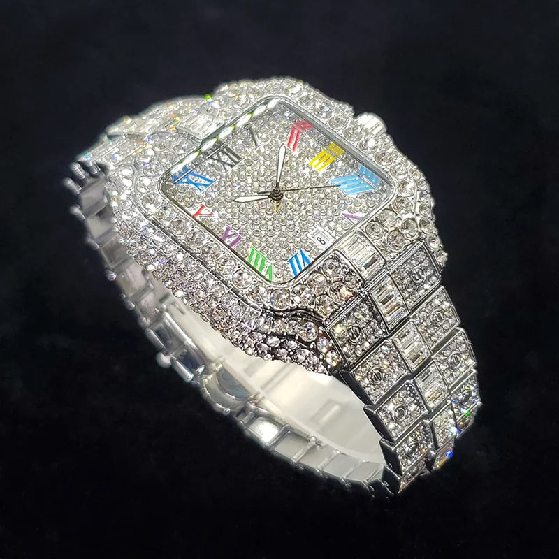 UNIGUET luxe diamant montre à Quartz pour hommes cadran arc-en-ciel calendrier Hip Hop glacé or montre-bracelet hommes accessoire de mode 2025