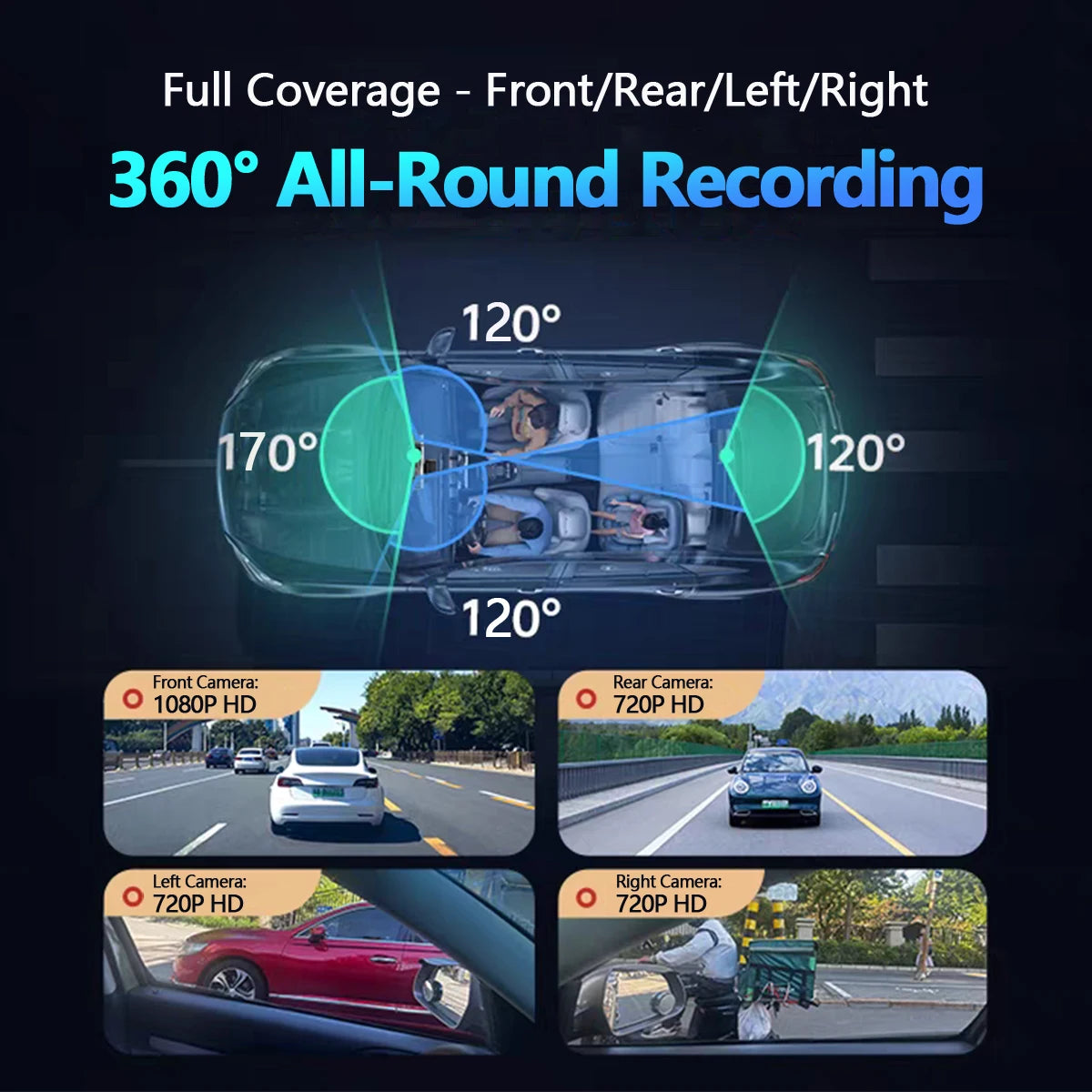 Dashcam 4 canaux wifi voiture dvr caméras de tableau de bord pour voiture mode de stationnement de boîte arrière 24h intérieur avant et arrière 360 dash cam