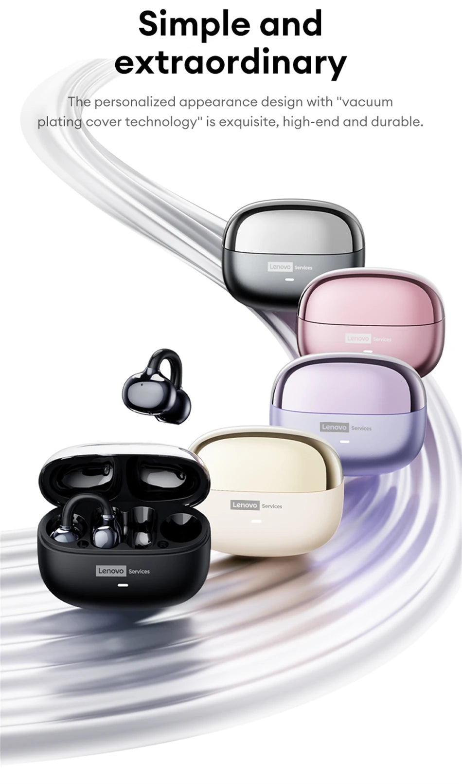 Casque sans fil Bluetooth 6.0 Lenovo LE302, longue durée de vie de la batterie, écouteurs sportifs à clip d'oreille, écouteurs stéréo HIFI à réduction de bruit