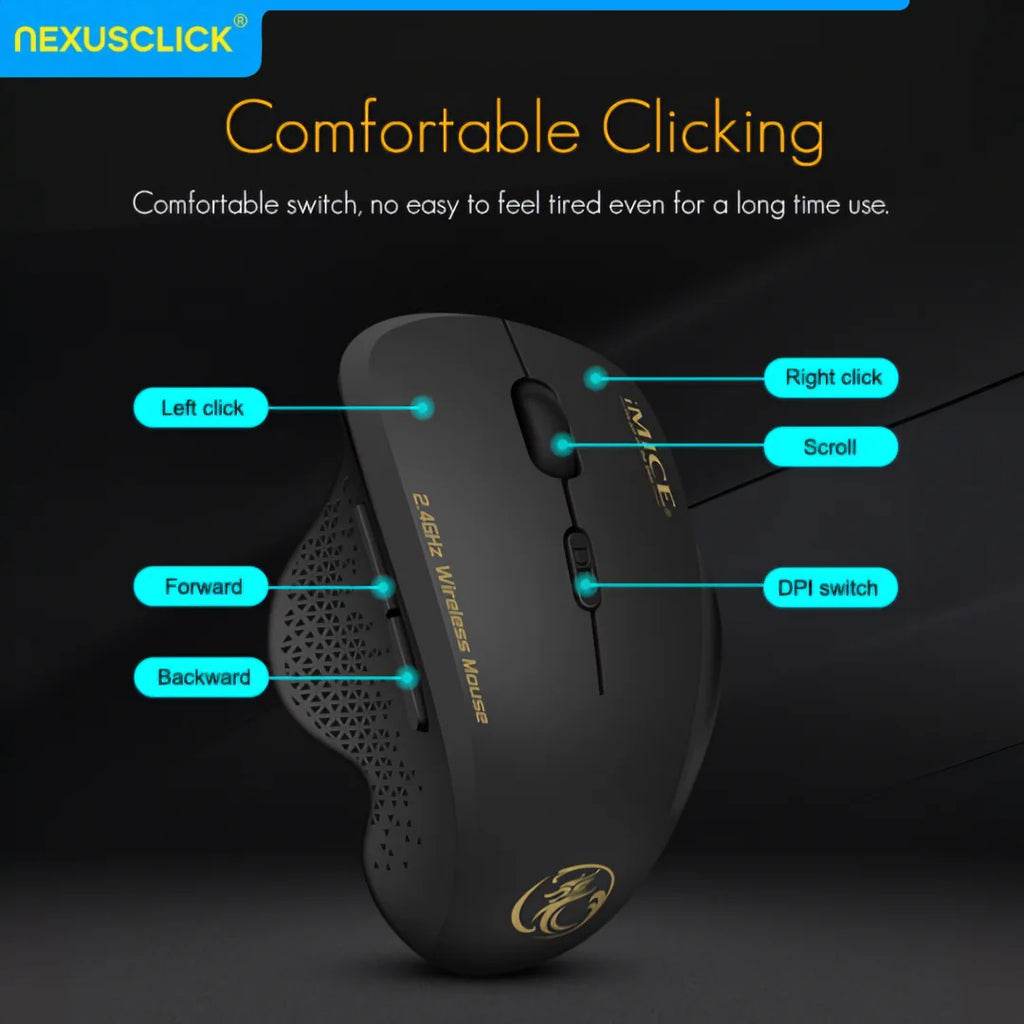 Souris sans fil NexusClick 2.4G à clic silencieux, 3 DPI réglables, 6 boutons, économie d'énergie, USB Plug and Play, pour ordinateur portable, bureau, jeux