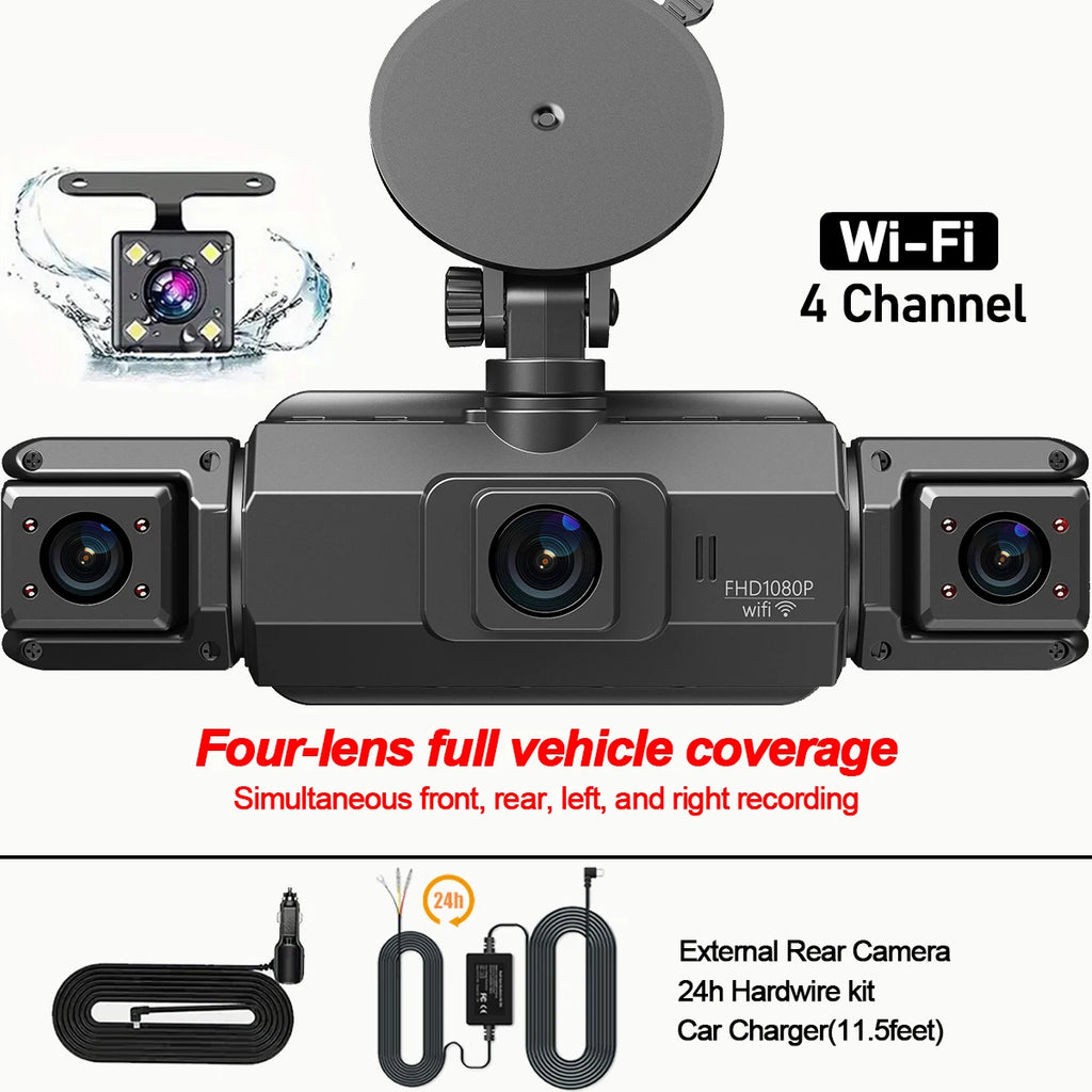 Dashcam 4 canaux wifi voiture dvr caméras de tableau de bord pour voiture mode de stationnement de boîte arrière 24h intérieur avant et arrière 360 dash cam